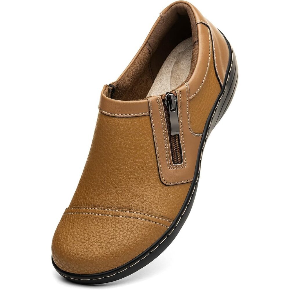 〽️Womens Comfortable And Lightweight Brown Leather Loafers Casual Zipper Closure